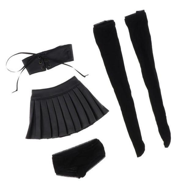 4pcs Fashion PU Tube Top & Pleated Skirt Black with Accessories for 1/3 