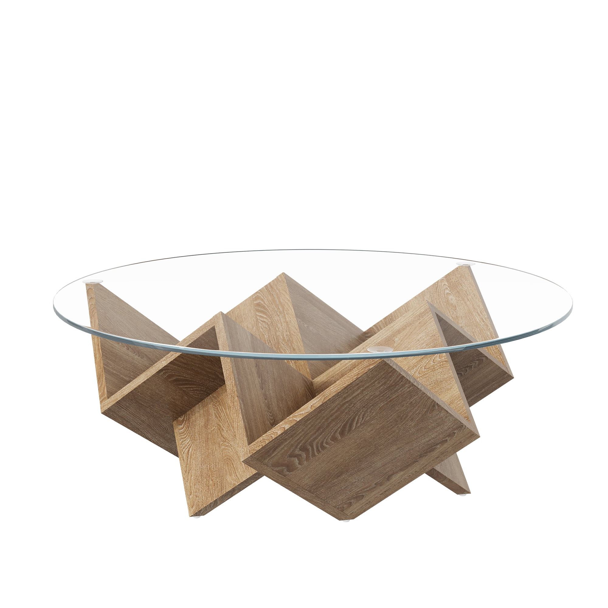 35.4-Inch Round Coffee Table with Tempered Glass Top and Geometric Art Deco Base, Storage Shelf Table and Center Table for Living Room, Natural