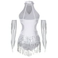 thumbnail image 2 of TiaoBug Tenue de Danse Latine à Franges pour Femmes Justaucorps Brillant avec Gants Robe de Danse de Salon Argent P, 2 of 6