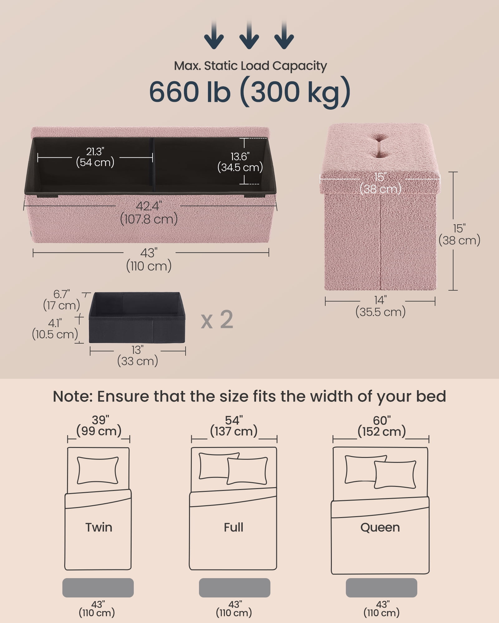SONGMICS HOME 43" Storage Ottoman Bench Folding Ottoman with Storage Load up to 660 lb for Living Room Bedroom Jelly Pink
