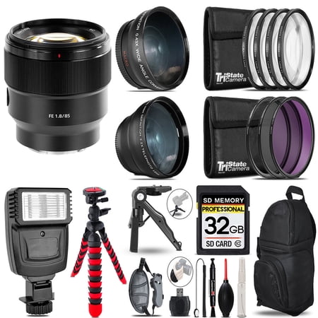 Sony FE 85mm f/1.8 Lens -3 Lens Kit + Slave Flash + Tripod - 32GB Accessory Bundle