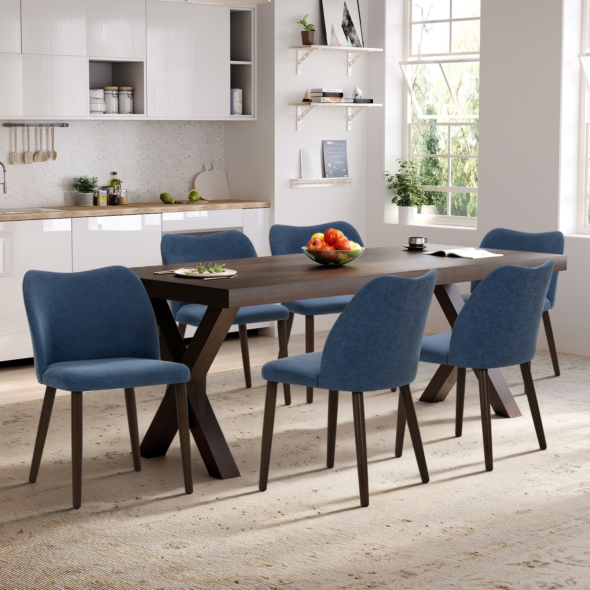 AFO PU Modern Dining Chairs with Wooden Legs, Upholstered Kitchen Side Chairs for Dining Room, Restaurant and Café, Set of 4, Blue