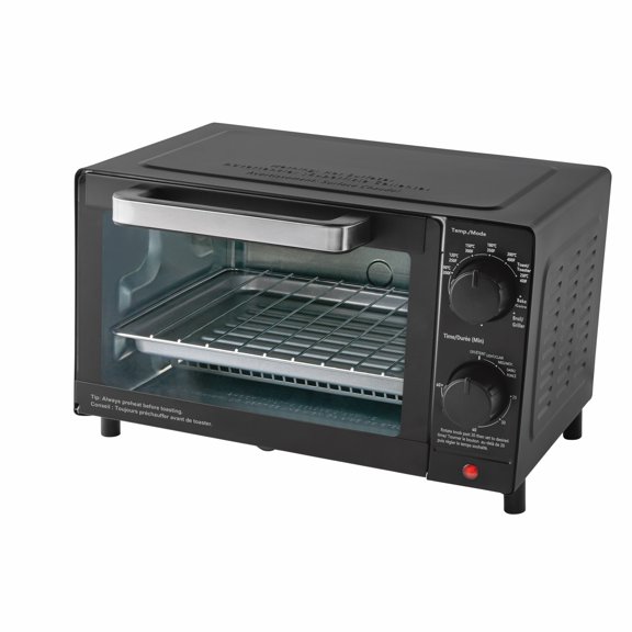 Mainstays 4 Slice Countertop Toaster Oven with 3 Settings, includes Baking Rack and Pan, Black, New