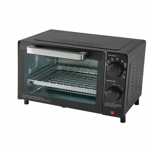 Mainstays 4 Slice Countertop Toaster Oven with 3 Settings, includes Baking Rack and Pan, Black, New