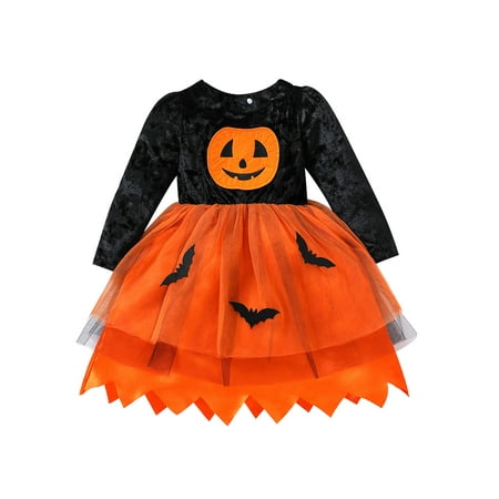 

Gwiyeopda Toddler Baby Girl Halloween Dress Long Sleeve Ruffle Orange Bat Dresses Tulle Tutu Skirt Fall Winter 1-6 Years