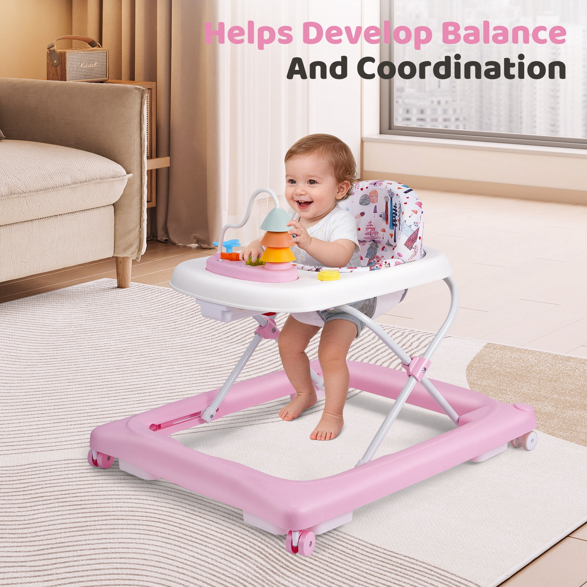 Babyeap Baby Walker,Foldable Baby Activity Walker with Wheels,Toddler Activity Centers,Removable Toys,Ages 6-15 Months,Pink