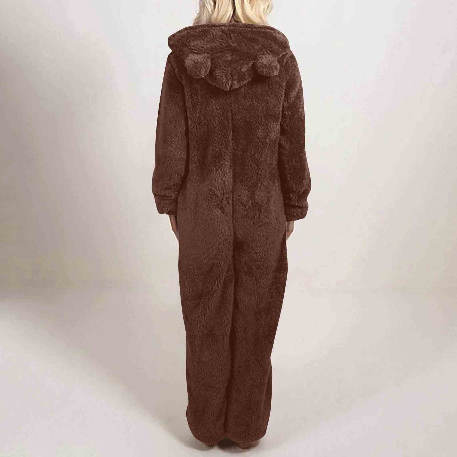 FRSASU Womens Fleece Onesies Pajamas Jumpsuit Warm Sherpa Romper Sleepwear One Piece Zipper Hooded Playsuit Loungewear