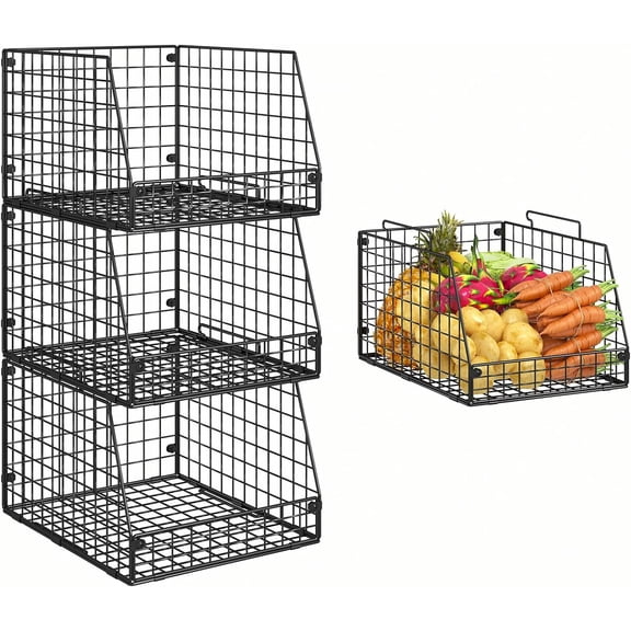 Huxidaja 3-Pack XXL Stackable Wire Storage Baskets, Foldable Metal Pantry Organizer Bins for Kitchen Counter Fruit and Potato, Black