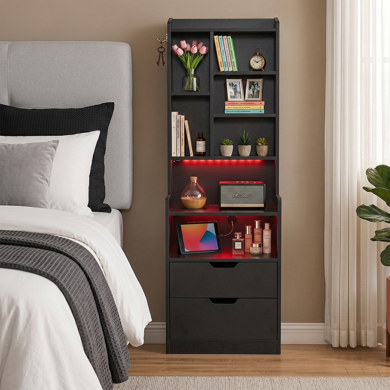 2-Drawer Nightstand with 6-Shelf Storage and Charging Station, Black