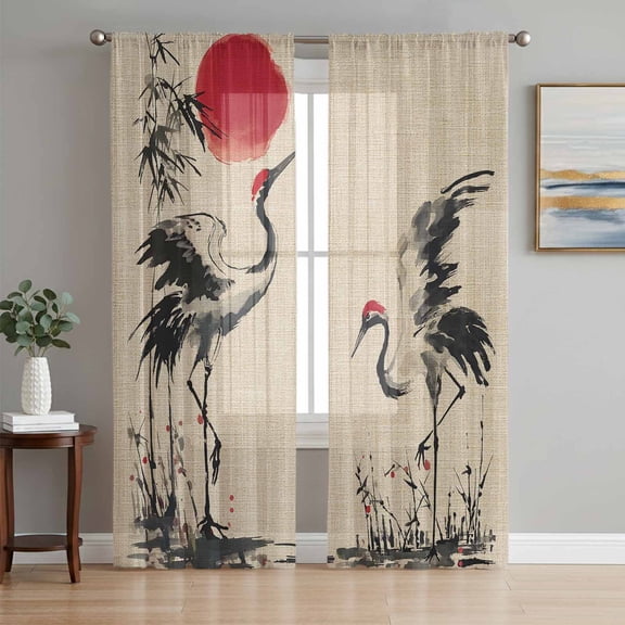 Sheer Curtains 96 Inches Long 2 Panels Set for Living Room, Crane Semi Sheer Curtains for Windows, Black White Ink Wash Red Moon Botanical Farmhouse Voile Window Treatments Rod Pocket Curtain