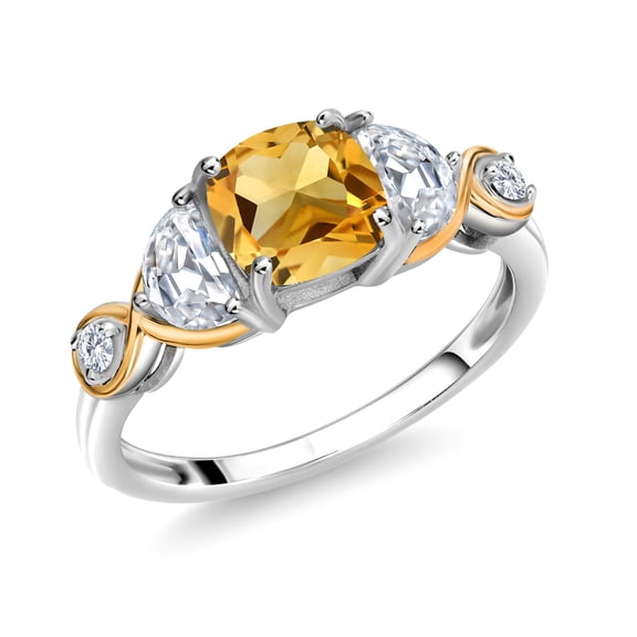 Gem Stone King 925 Silver and 10K Yellow Gold 3-Stone Ring Cushion Citrine Half Moon Moissanite (1.59 Carat Cttw) (Size 5)