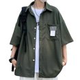 thumbnail image 3 of Camisa con cuello vuelto para hombre Bolsillo en el pecho Medias mangas Blusa informal holgada con cierre de botón Verde XL, 3 of 8
