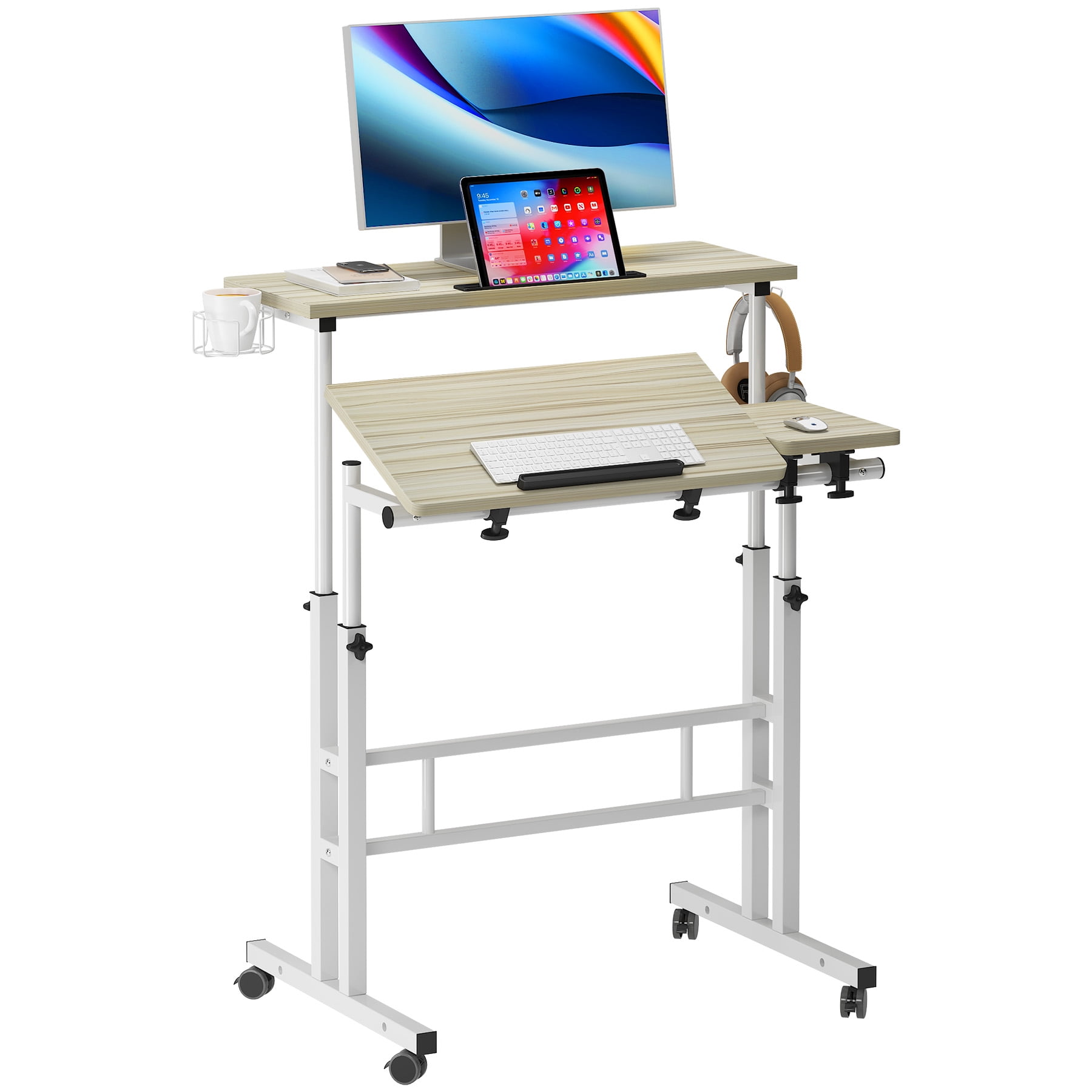 Soges Mobile Standing Desk with Cup Holder and Hooks, Portable Stand Up Desk, Adjustable Height Small Standing Desk, Rolling Desk with Wheels, Home Office Laptop Cart, Maple