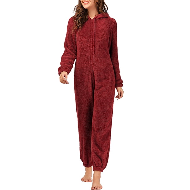 Pijama de forro polar para mujer, con capucha, peludo, cálido, mono, mono, ropa de dormir Eccomum borgoña/Medio