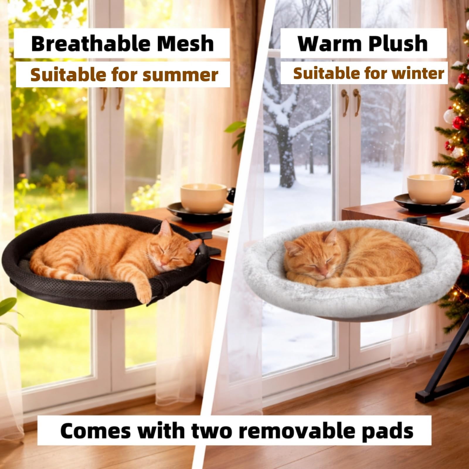 Cat Desk Bed with 360° Rotating Arm, Desk Mounted Cat Hammock with 2 Washable Pads, Heavy Duty Cats Perch, Easy Clamp Install, Supports 45 lbs for Home Office