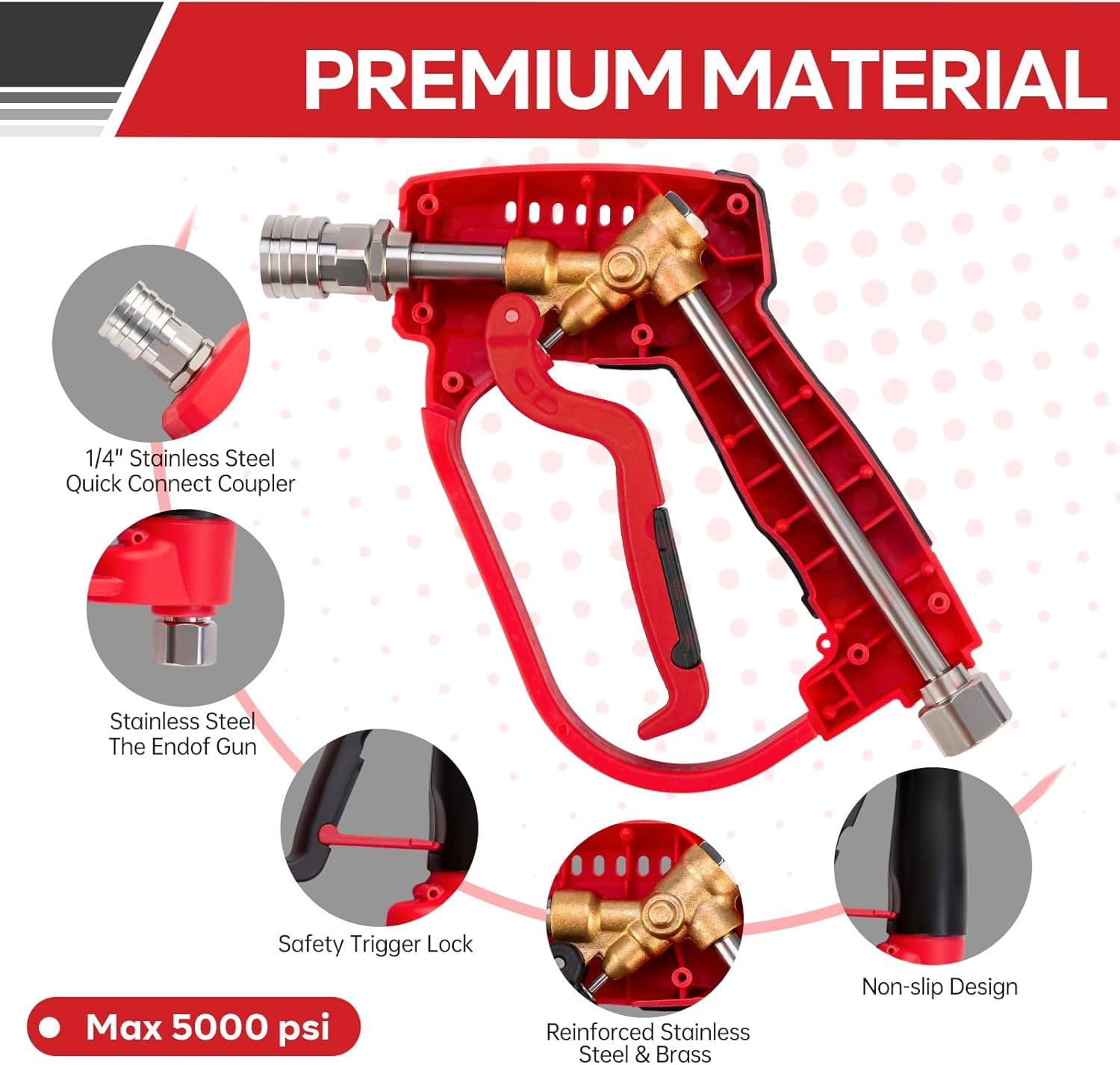 1 Set Short Pressure Washer Gun 5000 PSI 5 Spray Nozzle Tips 3/8 Inch Quick Connect Plug M22 Fittings 12 GPM