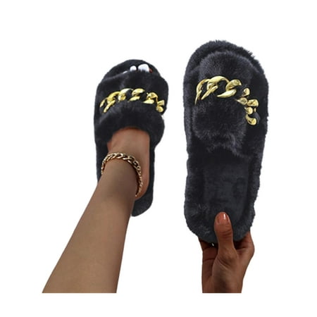 

Woolen Velvet Women s Metal Chain Plush Slippers Open Toe Platform Casual Bedroom Warmer Thermal Shoes