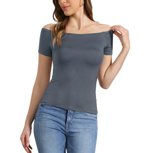 INSPIRAR CHIC Blusa de Mujer de Manga Corta Off the Shoulder de Largo a la Cadera en Color S Gris Oscuro