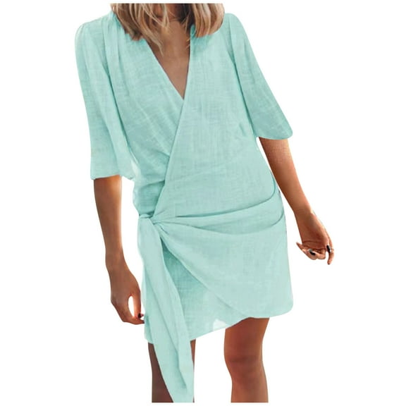 Fartey Women's Cotton Linen Wrap Dresses Elegant Short Sleeve V Neck Mini dress Solid Color Summer Beach Vacation Cocktail Dress Green XXL