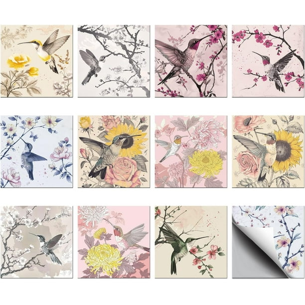 36 pegatinas para azulejos con diseño de colibrí y flores, autoadhesivas, impermeables y despegables.