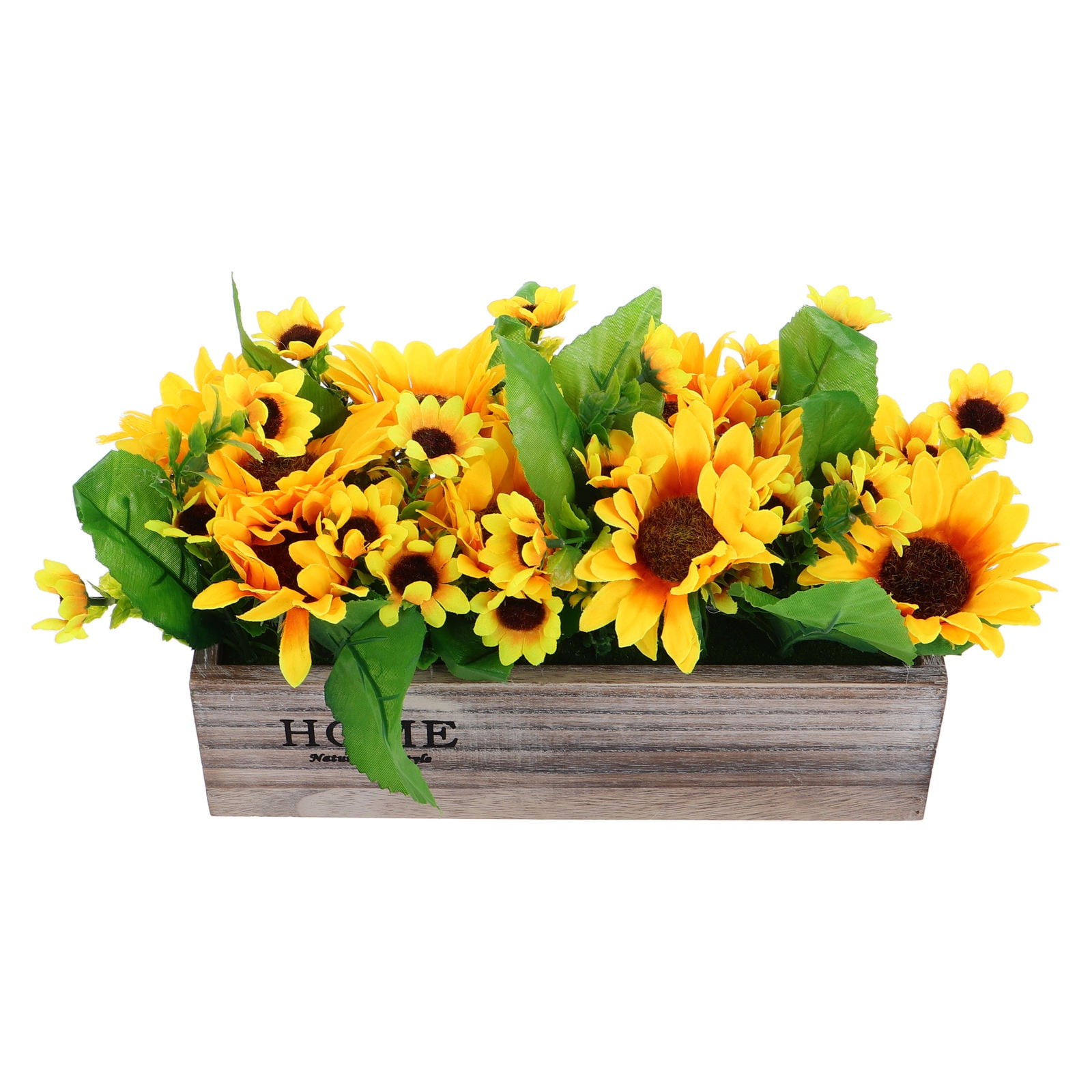 Rustic Sunflowers Potted Plant Artificial Flowers Bouquets In Rectangular Wooden Planter Summer Floral Centerpiece For Farmhouse Kitchen Country Table Decor