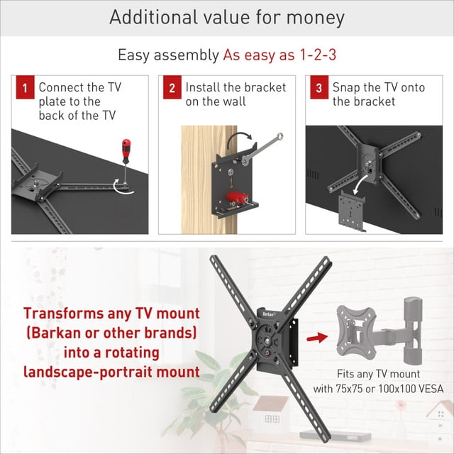 Barkan Fixed - 3 Movement Landscape-Portrait Rotation TV Wall Mount 80 lbs Black Auto Locking Patent 20 Year Warranty