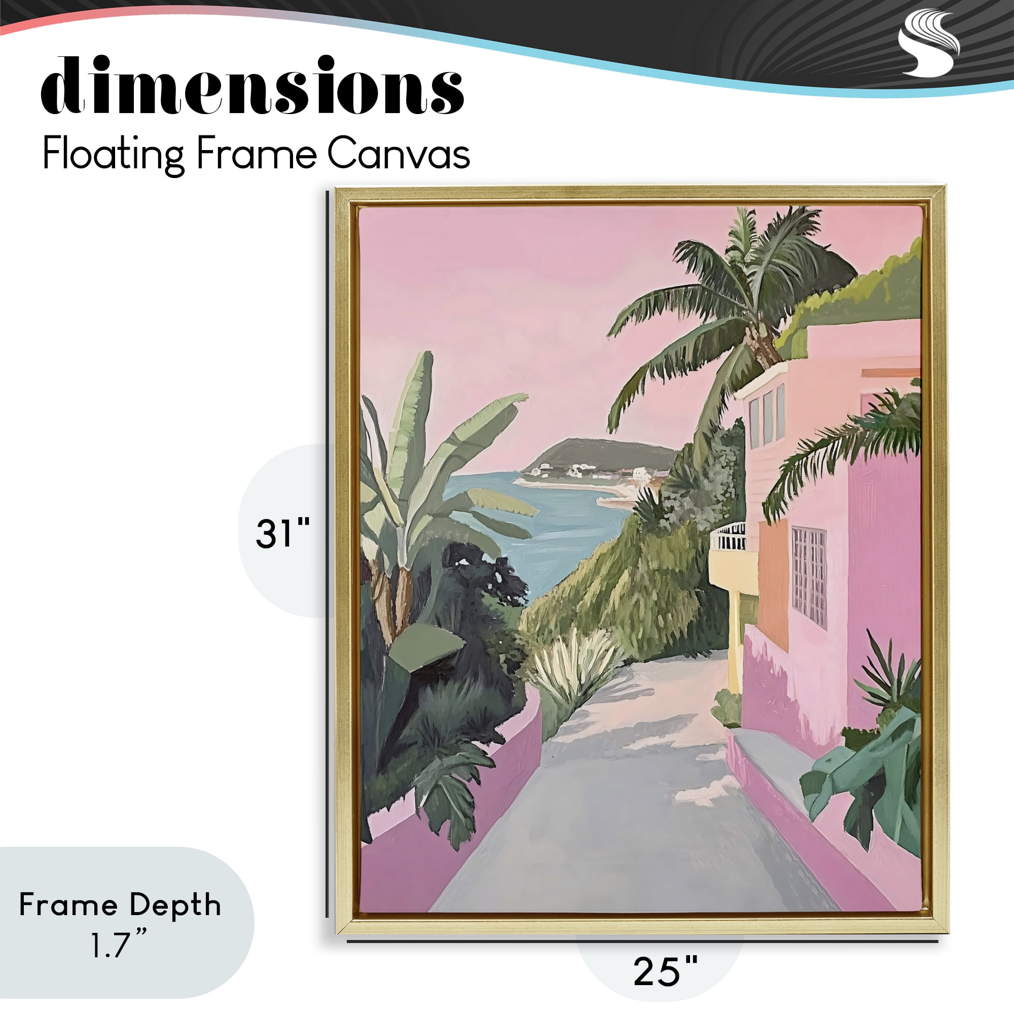 Stupell Industries Mediterranean Pink Coastal House Gold Framed Floater Canvas Wall Art, design by The Prints Vibe