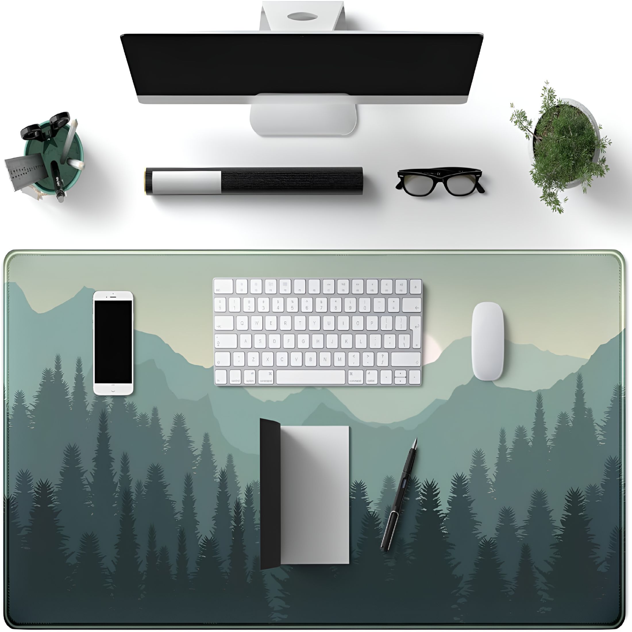 LAMIRO Forest Desk Mat Green Big XXL Mouse Pad Extended Large Gaming Mousepad Sunset Mountains Landscape Nature Desk Pad Keyboard Pad Mouse Mat Deskmat Computer Desktop Mat Deskpad 31.5x15.7 in