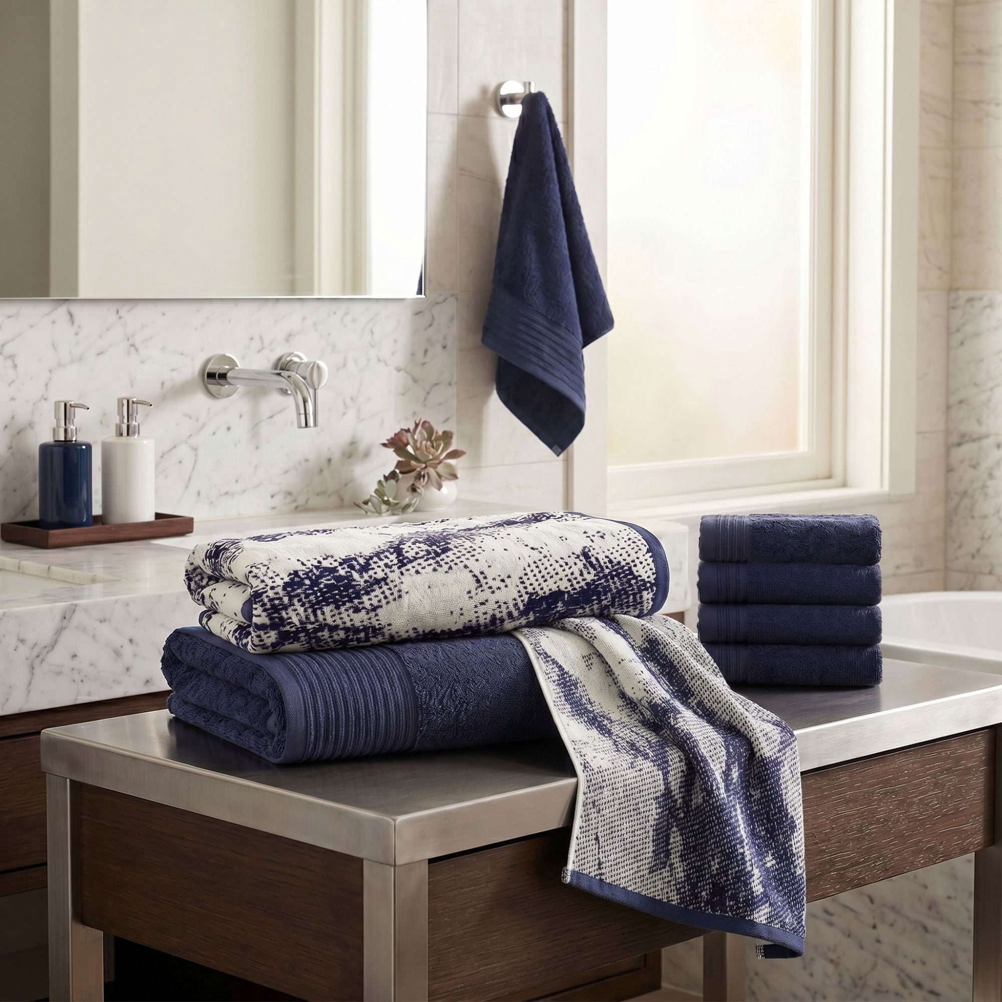 Superior Marble and Solid Jacquard Assorted Cotton 8 Piece Towel Set, Navy Blue - Ivory