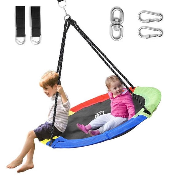 Hishine 43" 700LBS Saucer Tree Swing for Kids, Waterproof Flying Saucer Swing with A Swivel, Hanging Straps, Adjustable Ropes, Round Mat Spinner Swing for indoor/playground swing set, Rainbow