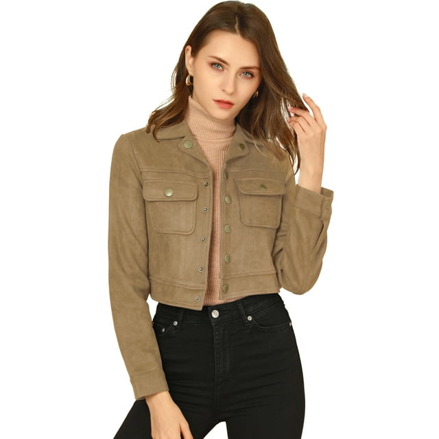 INSPIRE CHIC Women's Turn Down Collar Faux Suede Cropped Moto Jacket