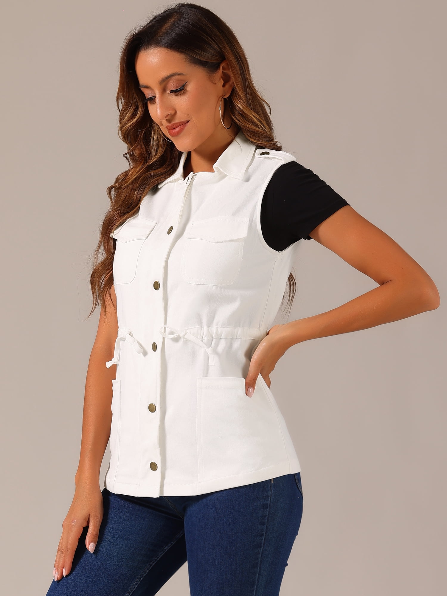 DARING DIVA Women Functional Pockets Drawstring Waist Cargo Vest M White
