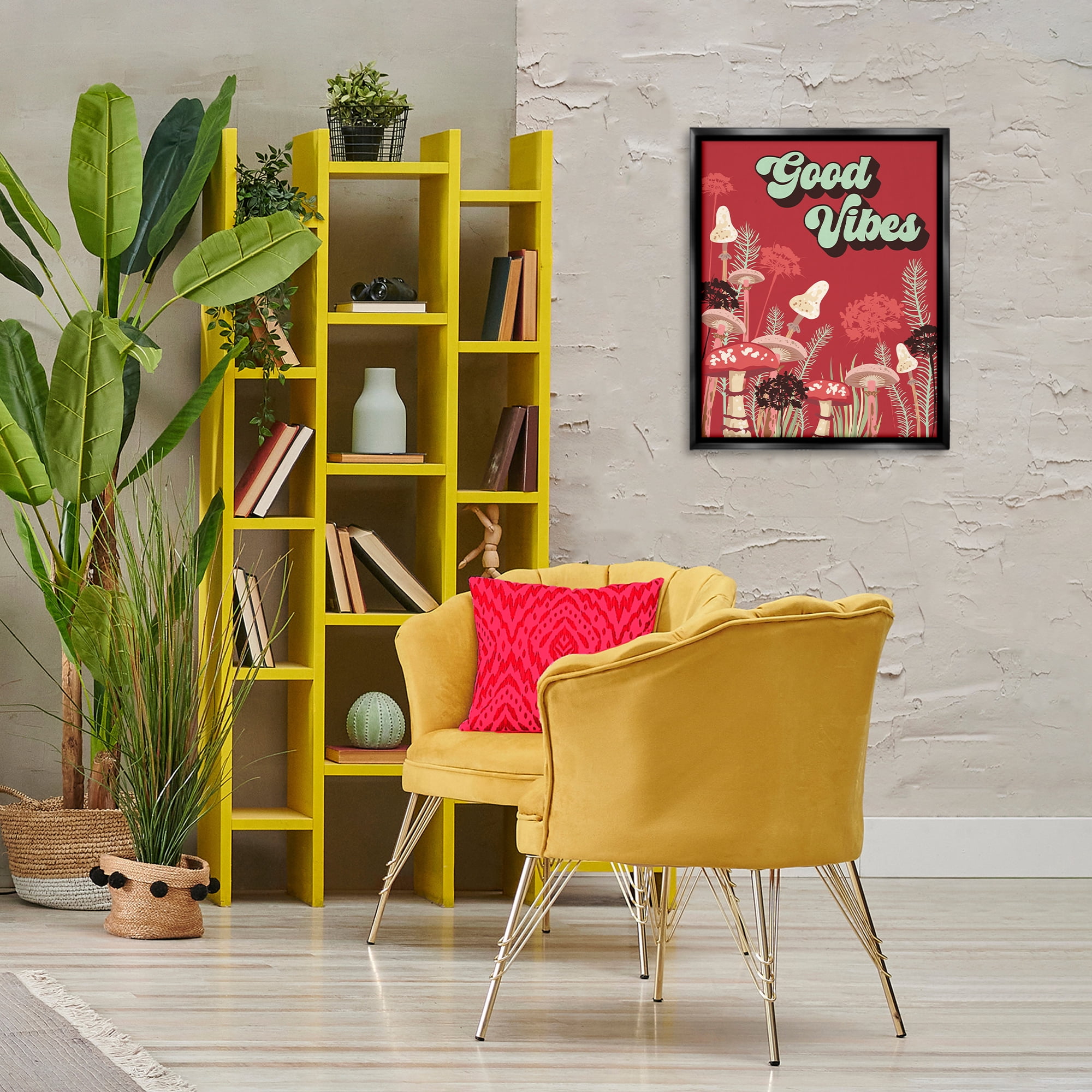 Stupell Industries Good Vibes Mushrooms Botanical & Floral Painting Black Floater Framed Art Print Wall Art, 17 x 21