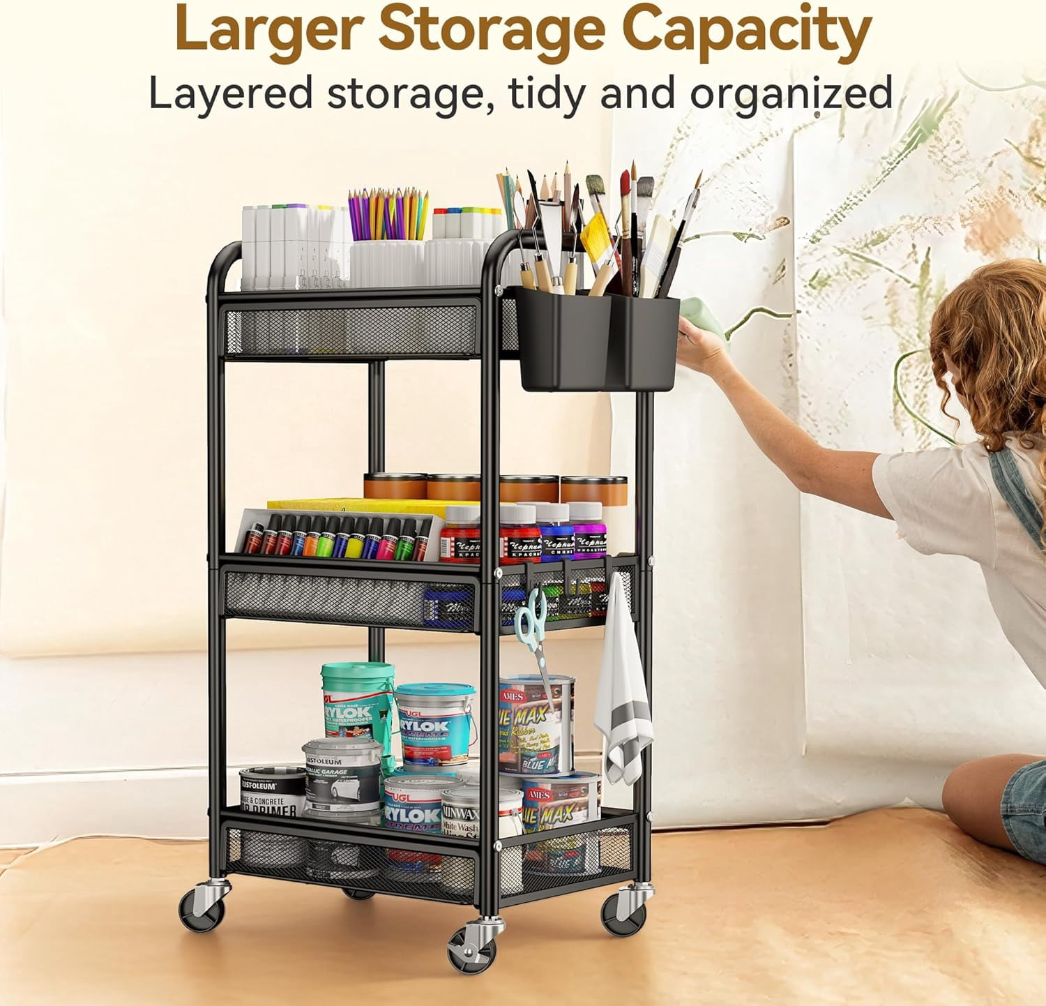 3 Tier Rolling Cart – Metal Utility Storage Carts with Wheels, Craft Cart Organizer with Hanging Cups, Hooks, Mesh Basket for Bedside Kitchen Office Art, Black