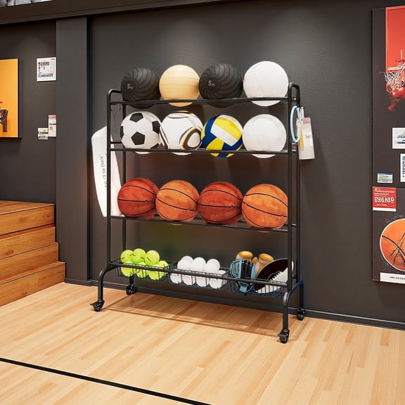 SUOERNUO Basketball Rack, Rolling Ball Stand,Garage Organization with Wheels, Four-Layer Sports Equipment Storage with Baskets for Basketballs Footballs Volleyball，Black