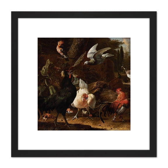 Hondecoeter Birds In A Park Roosters Painting 8X8 Inch Square Wooden Framed Wall Art Print Picture with Mount