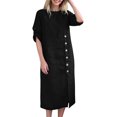 thumbnail image 2 of Vhkiploz Summer Long Tunic Linen Dress for Women's Solid Color Button-Up Front Split T-Shirt Dress Short Sleeve Round Neck Beach Straight Dress, 2 of 10