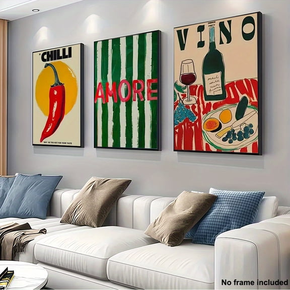 3pcs, 2D Frameless Canvas Art, Three-Piece Living Room Decor, Chili Pepper Vintage Wine Dinner Poster, Red Kitchen Wall Art, Indoor Home Decoration, 2D Flat, Perfect for Room Decor