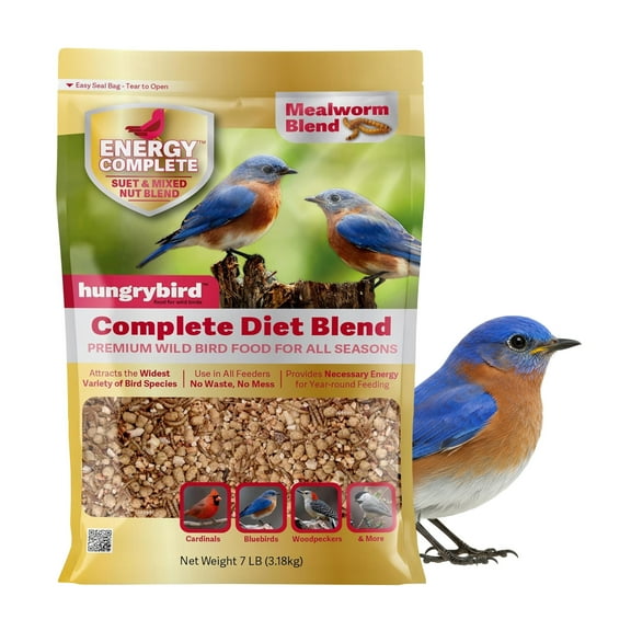 Hungrybird Energy Complete Diet, 7lb - All-Season Mealworm Suet & Mixed Nut Blend for Wild Birds