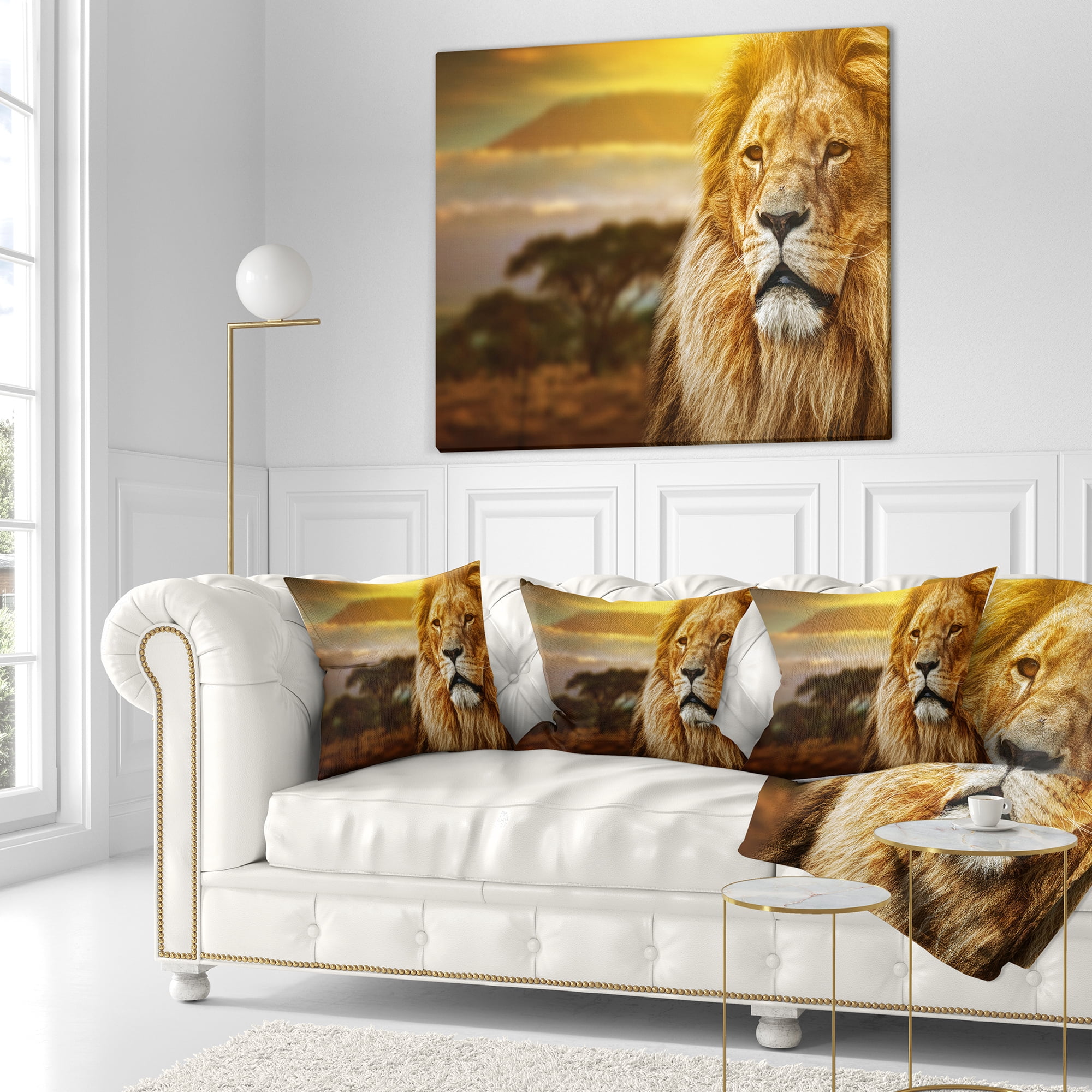 Designart Lion and Mount Kilimanjaro - Animal Throw Pillow - 18x18
