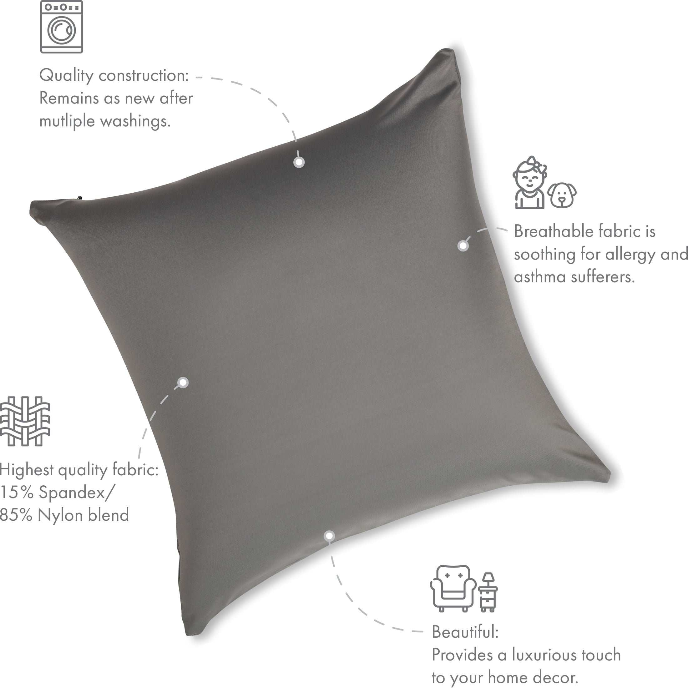 24" x 24" Throw Pillow – Dark Grey: 1 PCS Luxurious Premium Microbead Pillow With 85/15 Nylon/Spandex Fabric. Forever Fluffy, Outstanding Beauty & Support. Silky, Soft & Beyond Comfortable