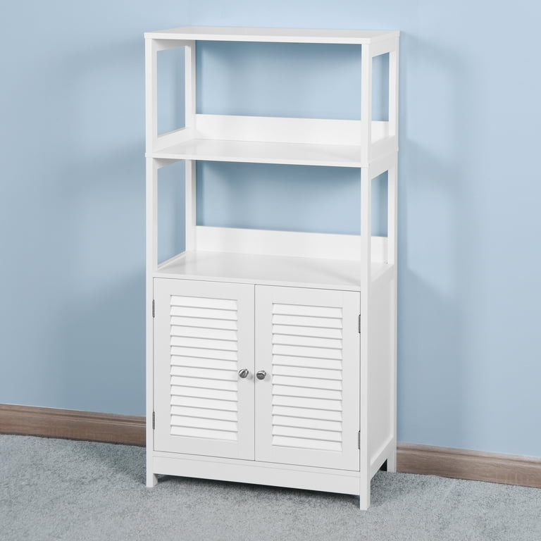 Freestanding Linen Tower, Tall Bathroom Storage Cabinet, 2 Open Shelves and Doors - White