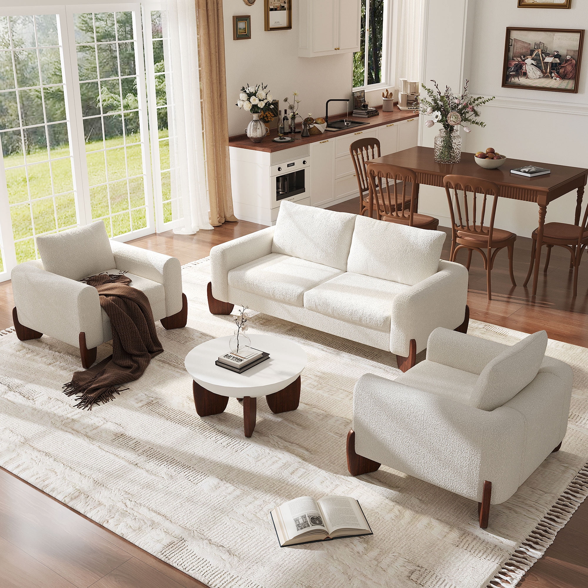 Mintazer Modern 3-Piece Sofa Set, 74.2" Loveseat + 2 Accent Chairs, Modular Upholstered Sofa for Living Room & Family Room, Beige (Table Not Included)