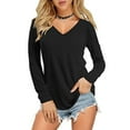 thumbnail image 2 of Baberdicy Basic Top Tee Lady Fashion Women Top Solid Color Loose Long Sleeve V-Neck Casual Blouse Tshirts Shirts for Women Black L, 2 of 4