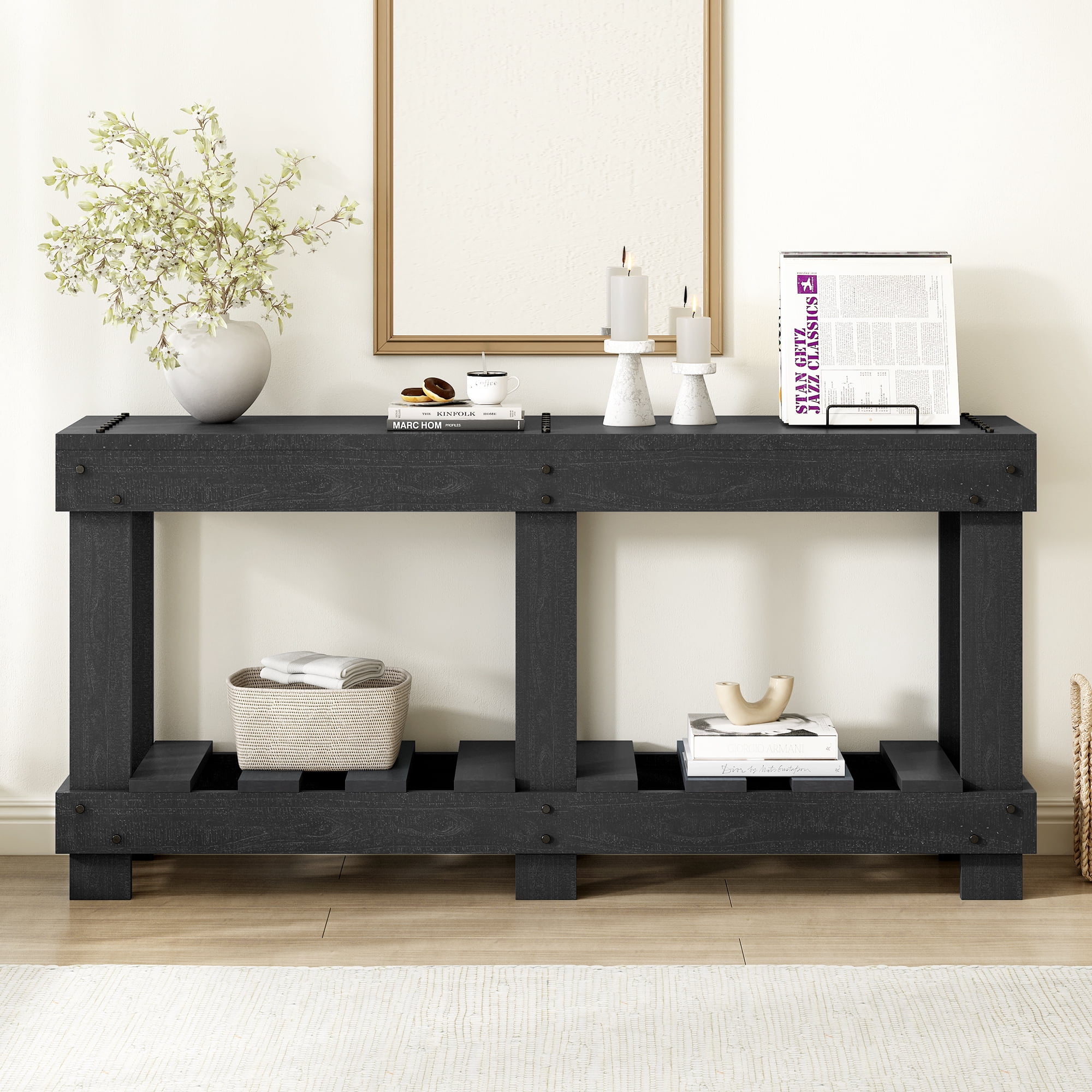Euroco 63" Long Console Table, Wood Entryway Table with Plank Under-Shelf and 6 Reinforced Legs, Sofa Table for Hallway Living Room,Black