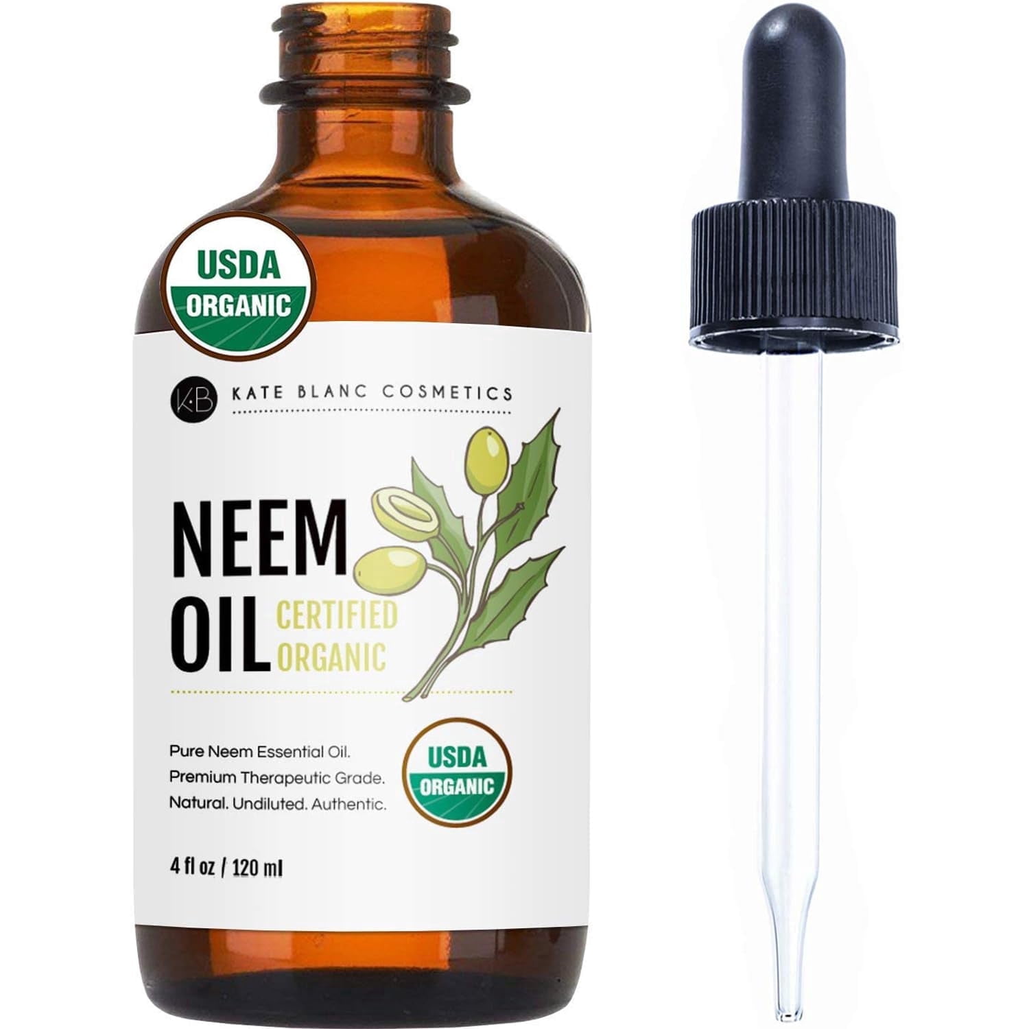 Kate Blanc Cosmetics Organic Neem Oil, 4 fl oz, Cold-Pressed Hexane-Free Unrefined Oil for Skin Care, Hair & Face Moisturizer