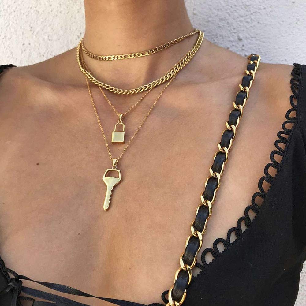Layered Necklace Lock Key Pendant Punk 