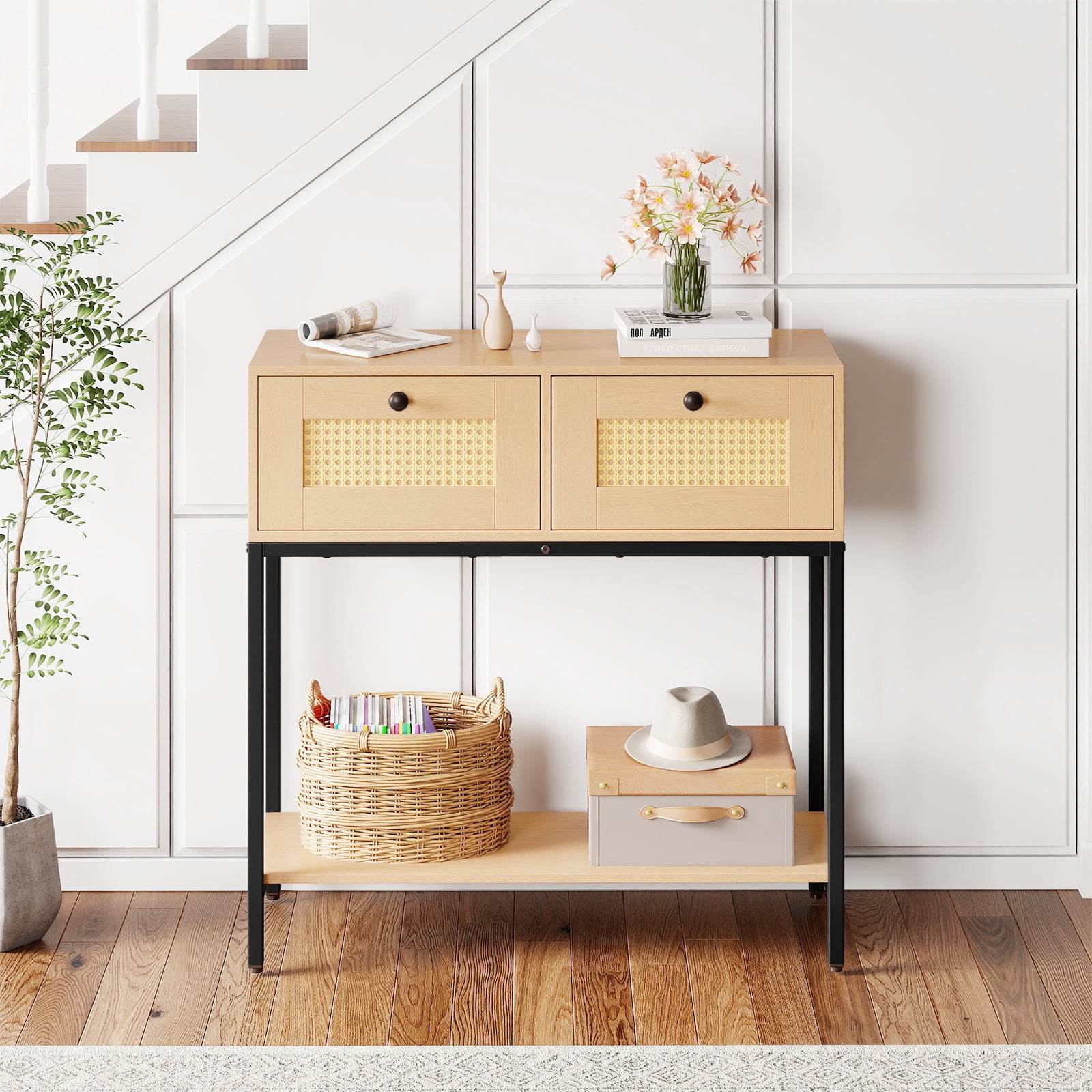 Gymax Console Table Entryway Table Long Sofa Side Table w/ Open Shelf & Rattan Drawers