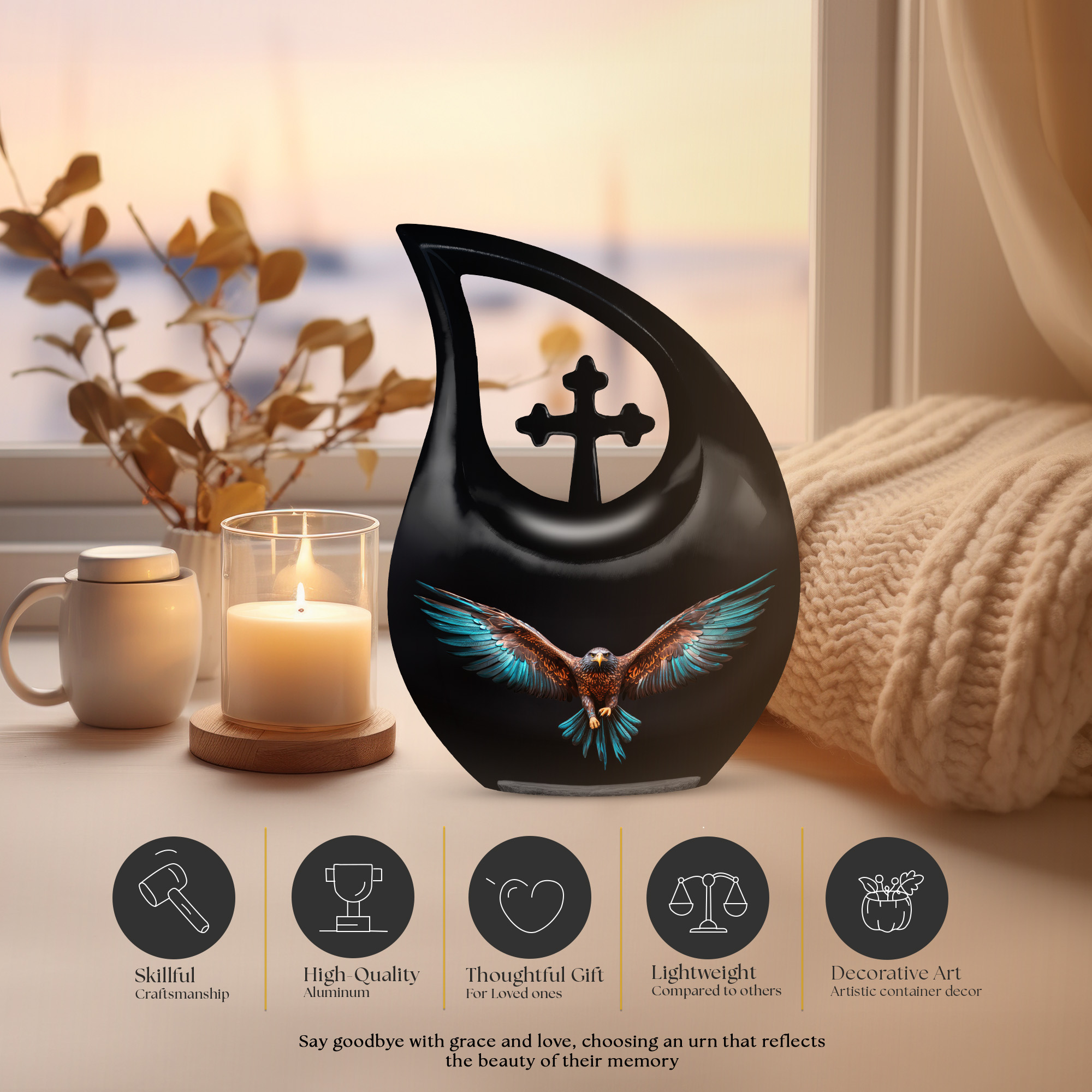 MUKTIVE Blue Eagle Cremation Urns for Men and Women - Large Cross Drop Funeral Urn for Grandmother & Grandfather - Urn for Human Ashes, Holds 180 Cubic - Memorial Gifts for Loss of Mom, 10 Inch