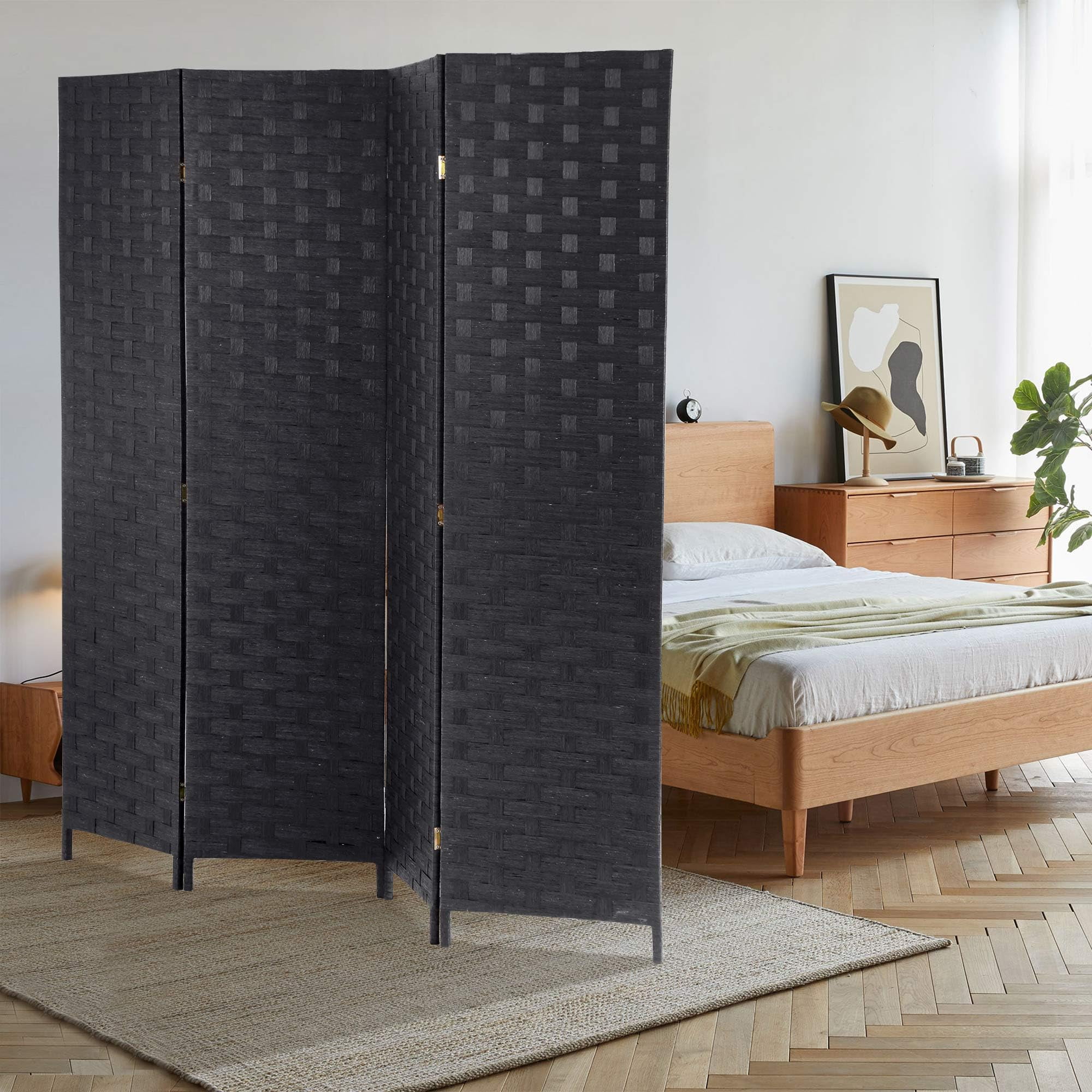 CL.HPAHKL Room Separators Divider Wall, 4 Panel Room Divider 6 ft Folding Screen with Double Hinged Panels Mesh Hand-Woven Design Room Partitions and Dividers for Home Office Bedroom, Balck